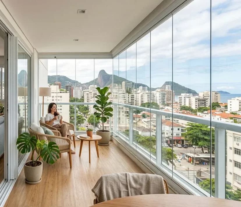 Varanda de apartamento com envidraçamento deslizante do Kit Skyline®, vista panorâmica da cidade sem obstruções